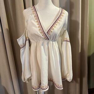 Tularosa White V Neck Mini Dress with Pink and Yellow Trim and Cold Shoulders